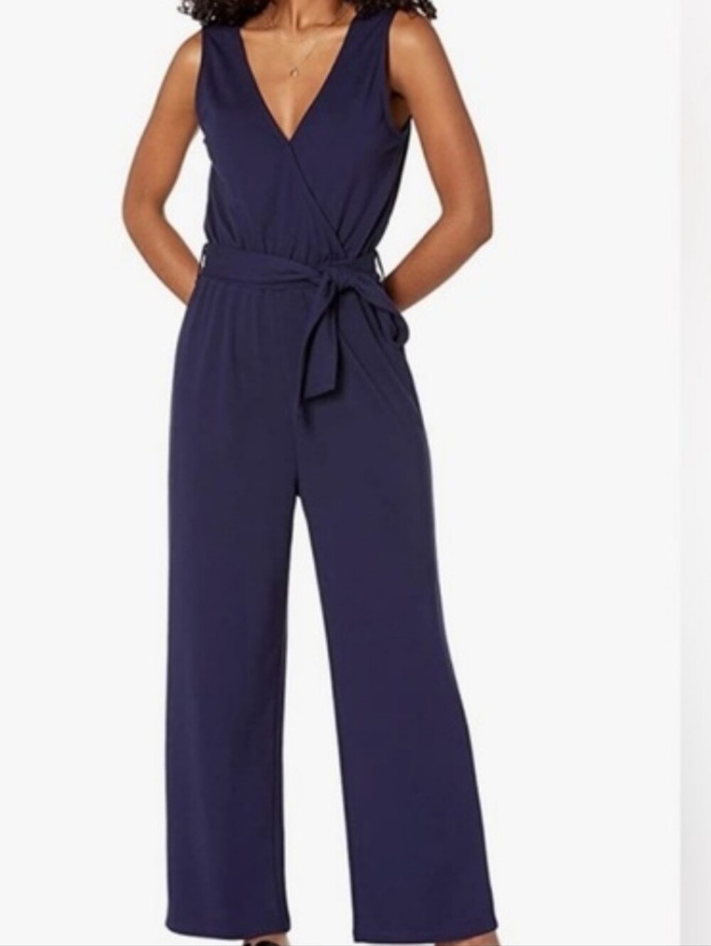 V-Neck Navy Tie-Waist Wide-Leg Jumpsuit